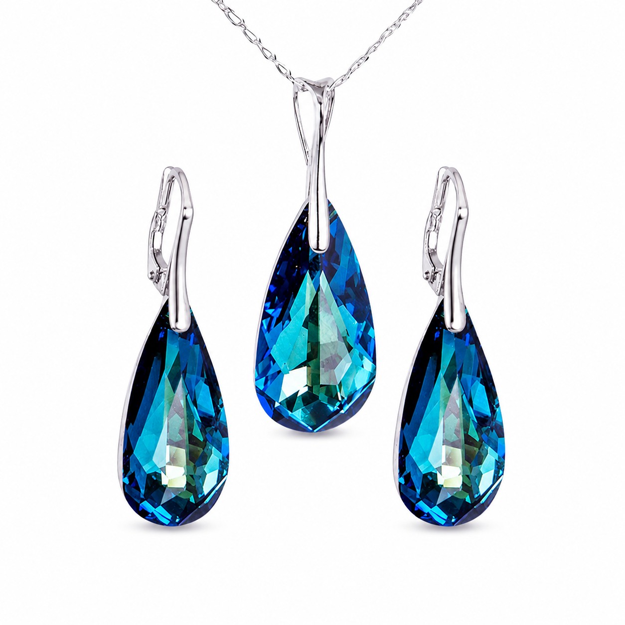 Sidabrinis papuošalų rinkinys moterims DiamondSky „Rainbow Waterfall (Bermuda Blue)“ su Swarovski kristalais
