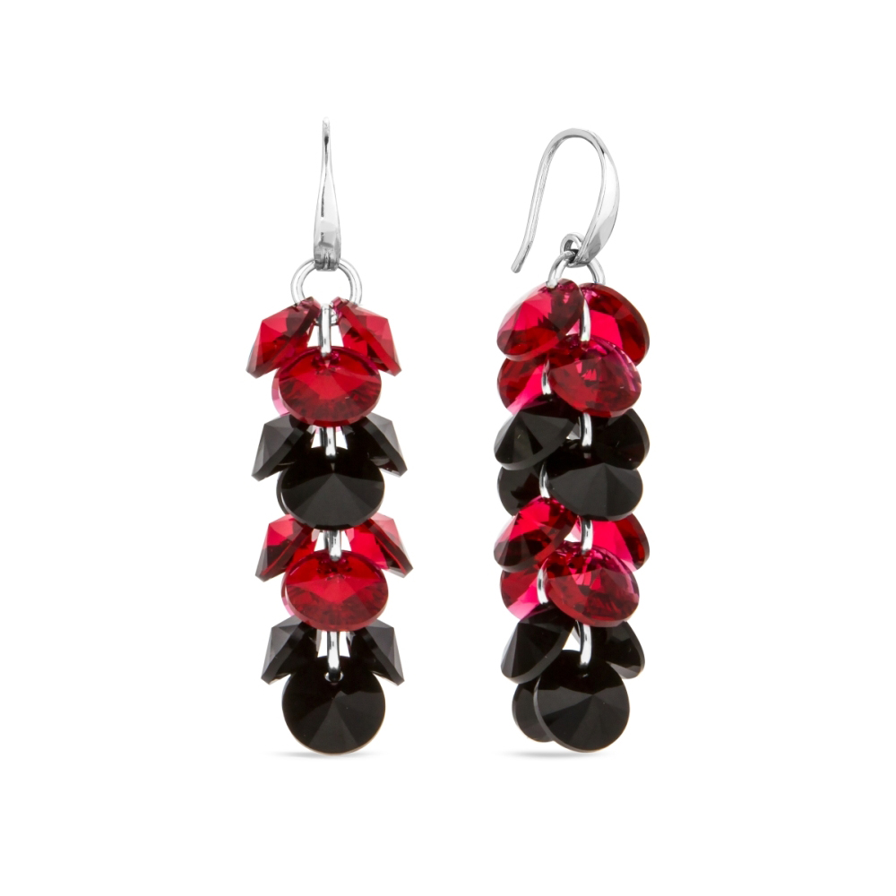 Sidabriniai auskarai moterims DiamondSky „Flamenco (Scarlet / Jet)“ su Swarovski kristalais