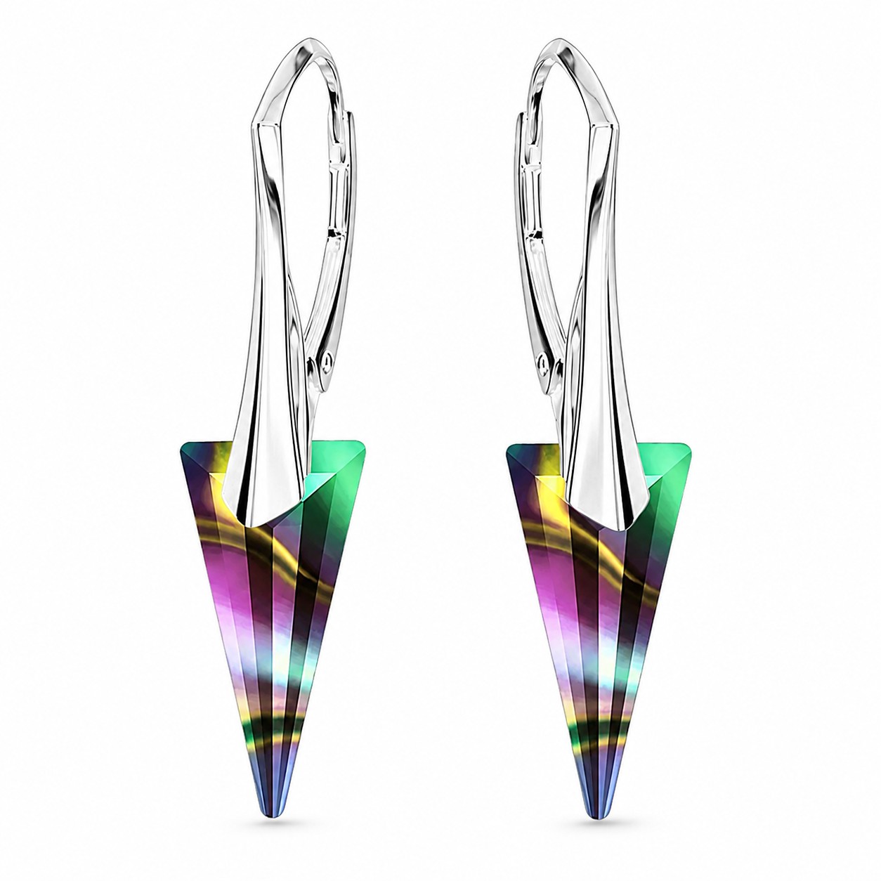 Sidabriniai auskarai moterims DiamondSky „Spike II (Rainbow Dark)“ su Swarovski kristalais