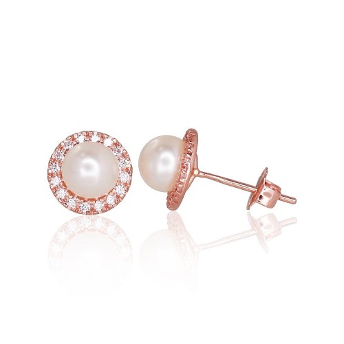 14K Red Gold Cubic Zirconia and Pearl Stud Earrings “Galos IX”