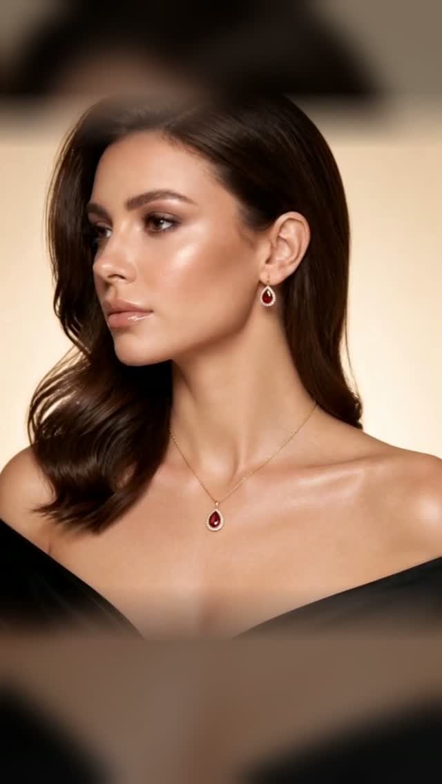 Kulona un auskaru komplekts ar sarkaniem Swarovski® Light Siam kristāliem, 18 karātu zelta pārklājumu, itāļu sudraba ķēdīti un dāvanu kārbiņ