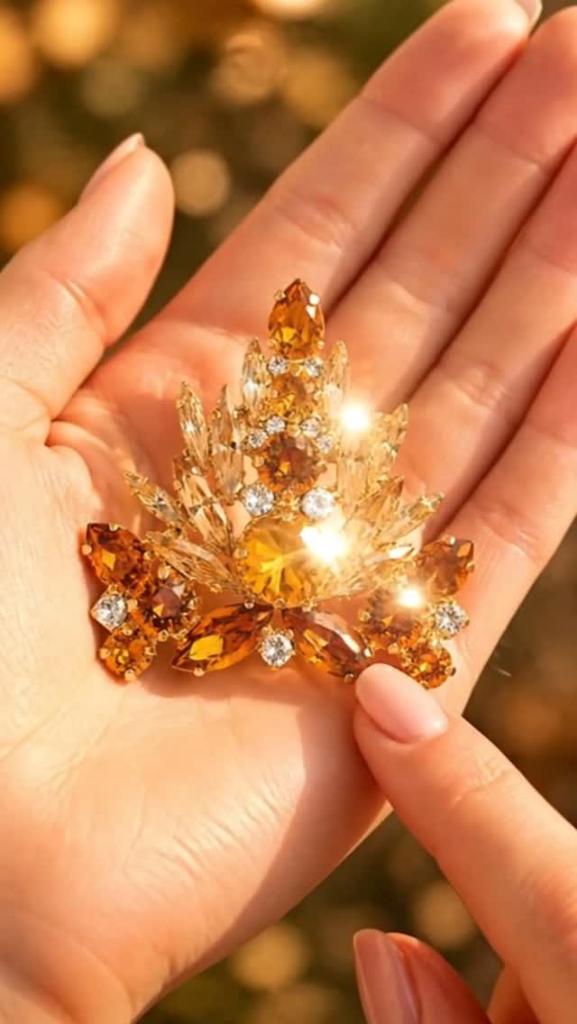 Broša „Kristāla Zars II“: ekskluzīvs dizains ar Swarovski® kristāliem Light Amber, Topaz un Golden Shadow toņos.